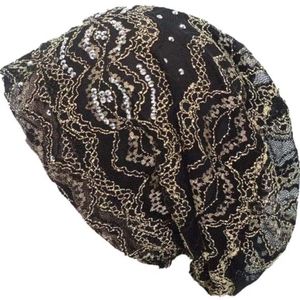 Black and Gold Laced Rhinestone Slouch Beanie
